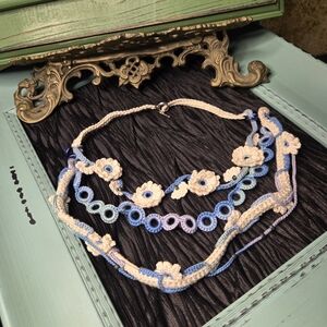 Handmade Floral Lace Like Crochet Necklace in Blue Tones and Cream 3 Tier